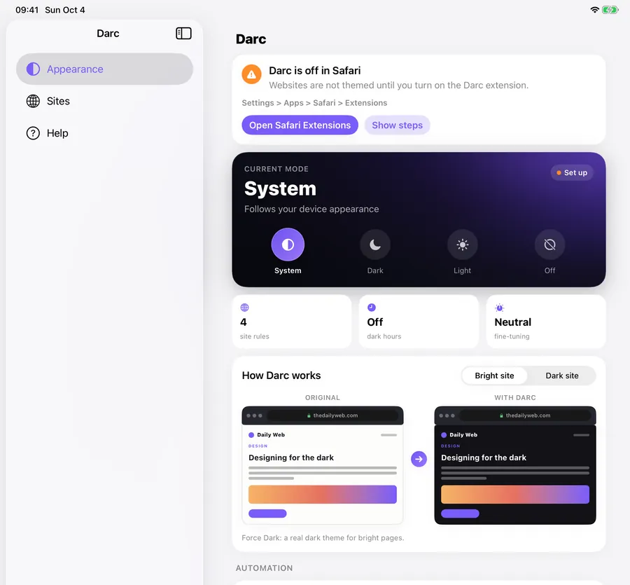 Darc on iPad, with a sidebar for Appearance, Sites and Help next to the current mode and fine-tuning controls.