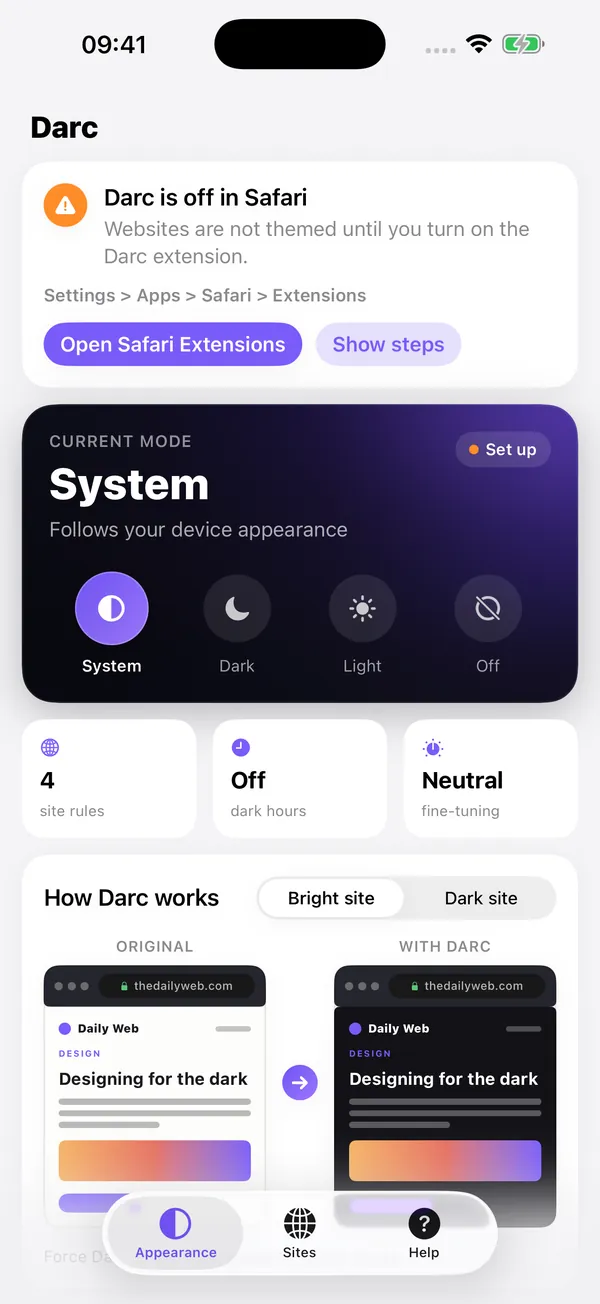 The Darc app's Appearance screen with the current mode set to System and the choices System, Dark, Light and Off.