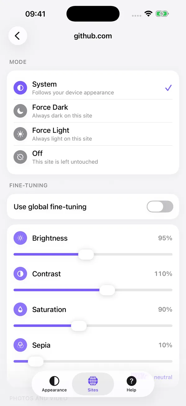 A site detail screen for github.com with its mode and sliders for brightness, contrast, saturation and sepia.